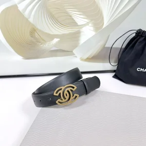 Chanel CC logo Black Leather Belt 30MM