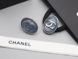 Chanel CC Oval Earrings Navy Blue