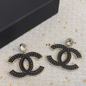 Chanel CC Logo Black Leather Earrings