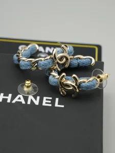 Chanel CC Denim Blue Hoop Earrings