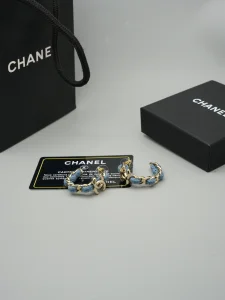 Chanel CC Denim Blue Hoop Earrings